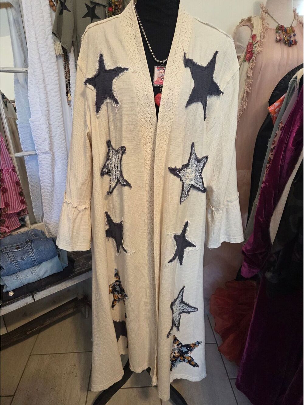 POL Cream Raw Edge Star Patchwork Gauze Duster Cardigan Kimono S